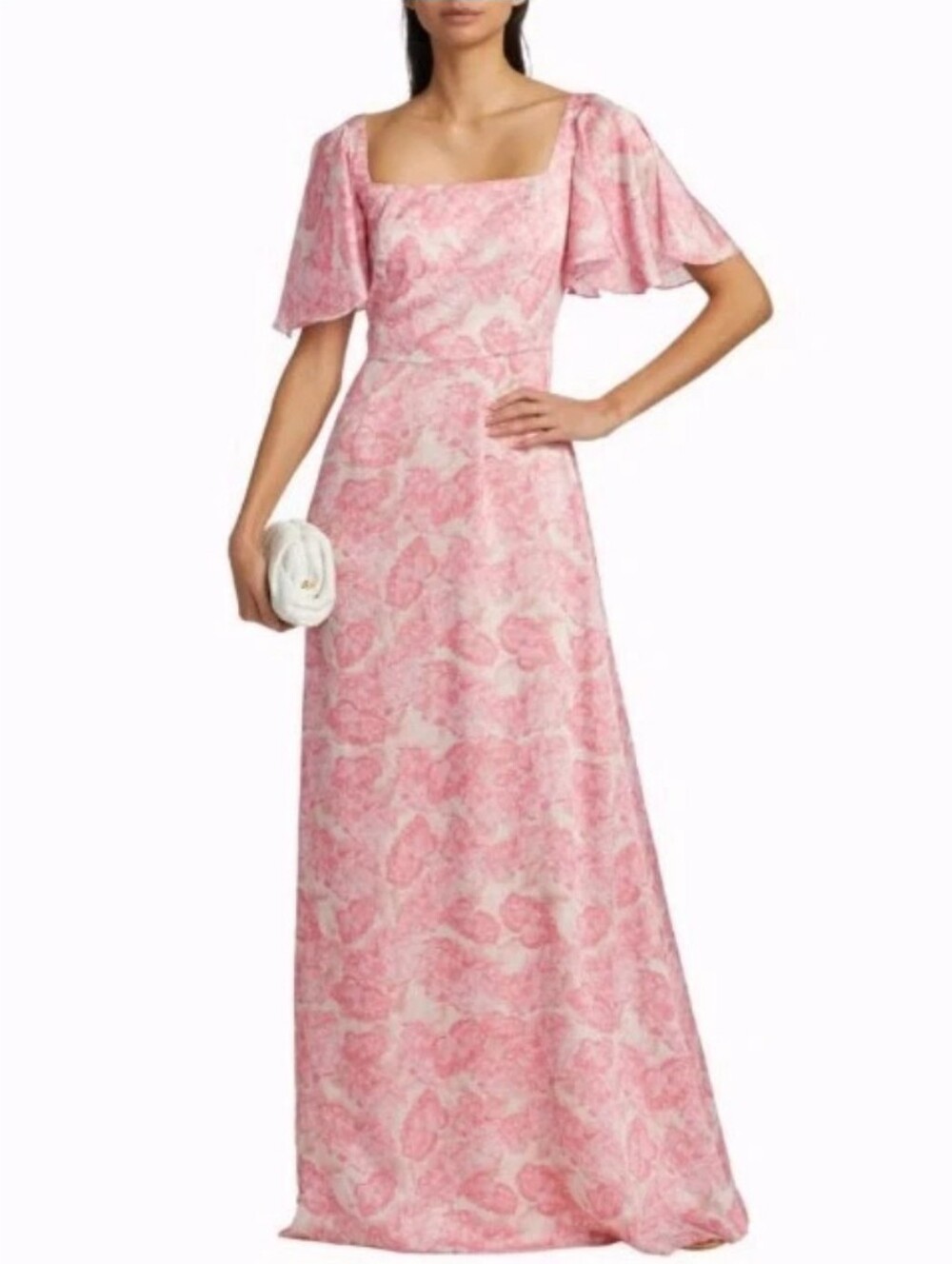Sachin & Babi Aurora Pink/White Floral Motif A-Line Ruffle Gown Dress Size: 0